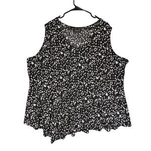 Lane Bryant Top Blouse 26 28 Black White Spots Asymmetric 54x28 Stretch Ruffle‎